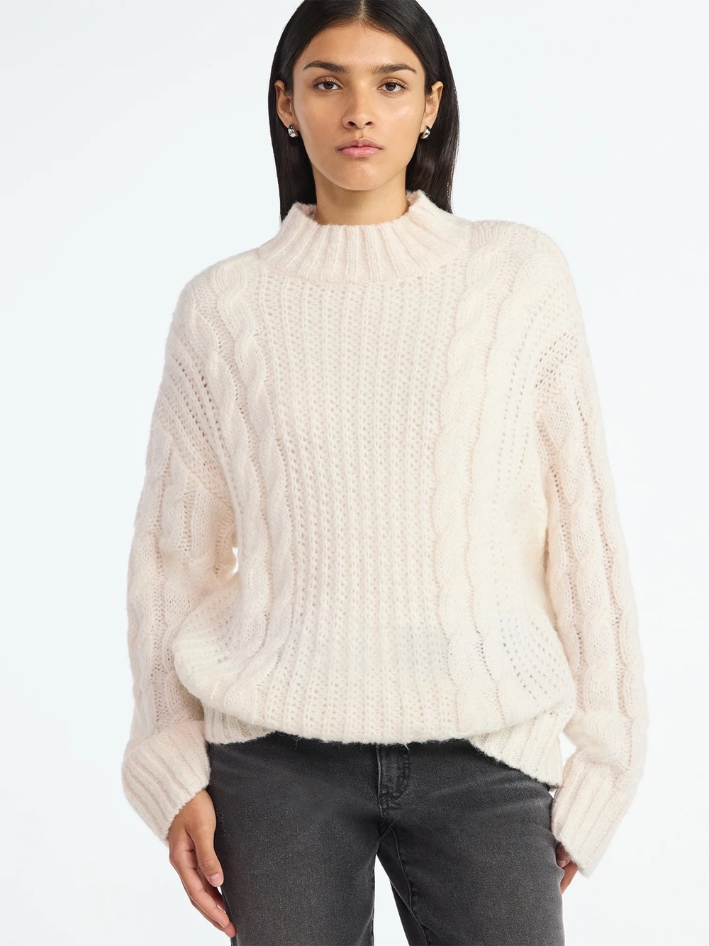 Women's Cream Cable-Knit Mock Neck Sweater oversized size XL